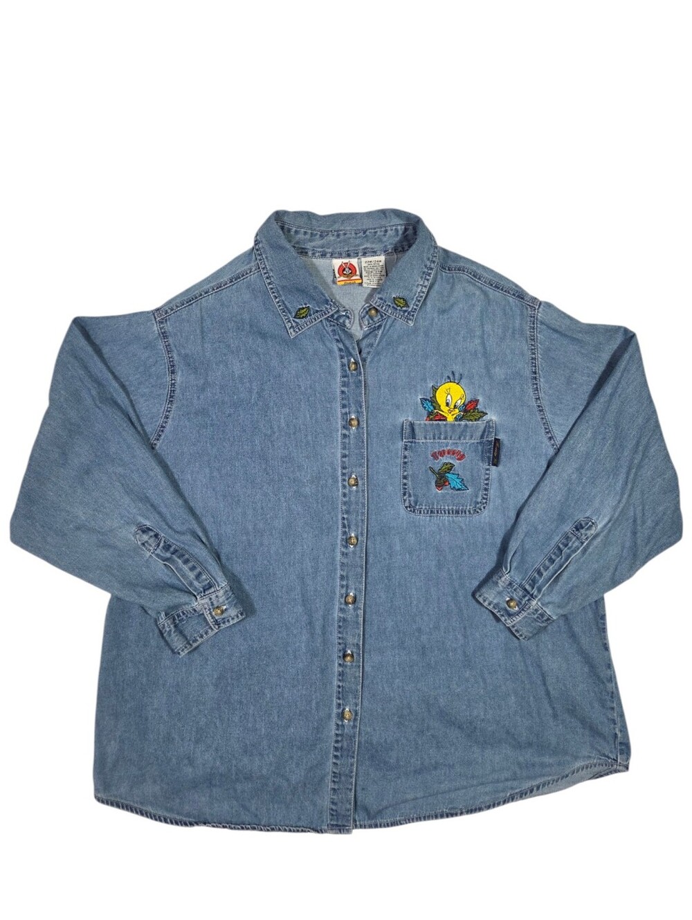 Vintage Tweety Bird Denim Shirt Y2K Blue Looney Tunes Embroidered Womens 22W/24W